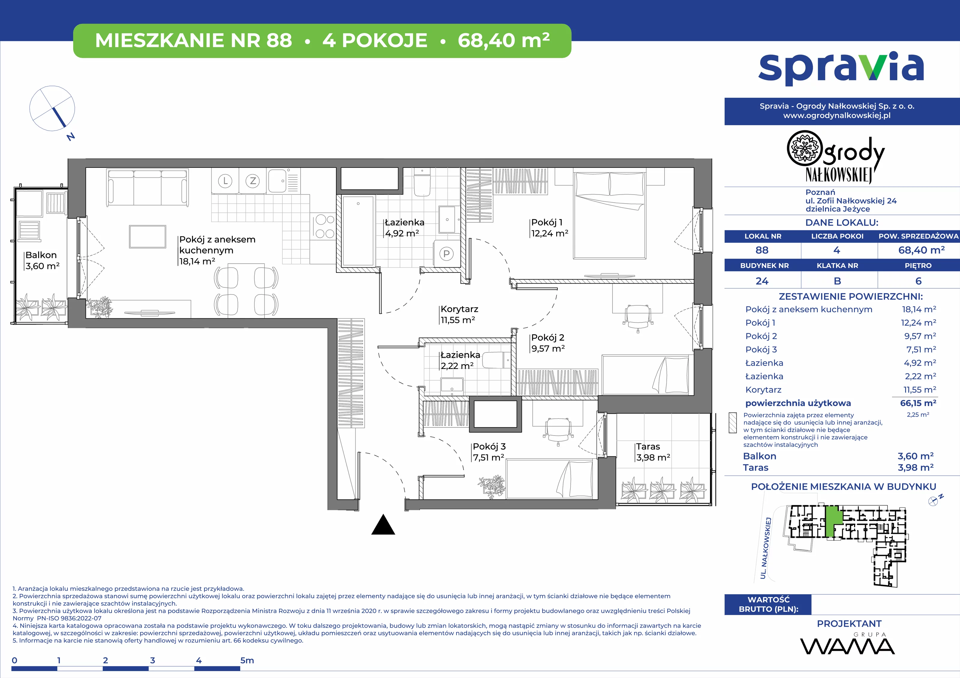 4 pokoje, mieszkanie 68,40 m², piętro 6, oferta nr 24-88, Ogrody Nałkowskiej, Poznań, Ogrody, ul. Nałkowskiej 24, 26